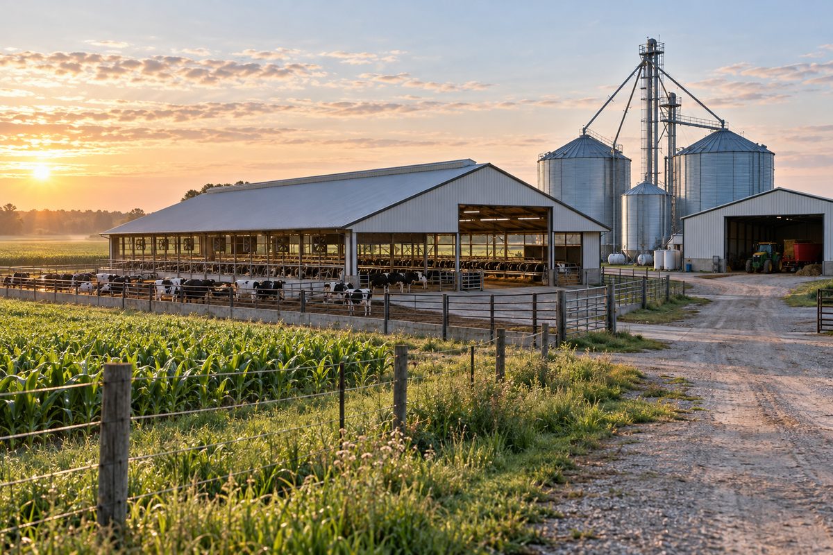 Farmstead facilities, livestock barns, and storage silos at Front Range Farms in DeMotte Indiana.