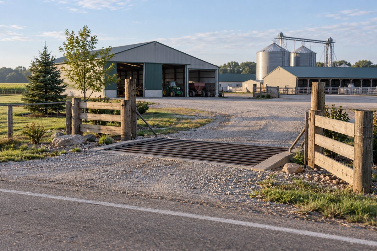Main farm entrance gate and heavy vehicle access road at Front Range Farms along State Road 10 in DeMotte Indiana.