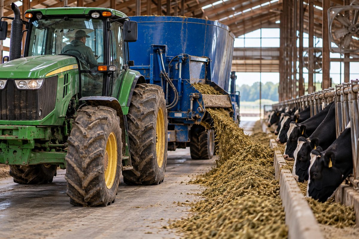 Utility tractor operating a TMR feed mixer wagon delivering blended dairy silage along feed bunks.