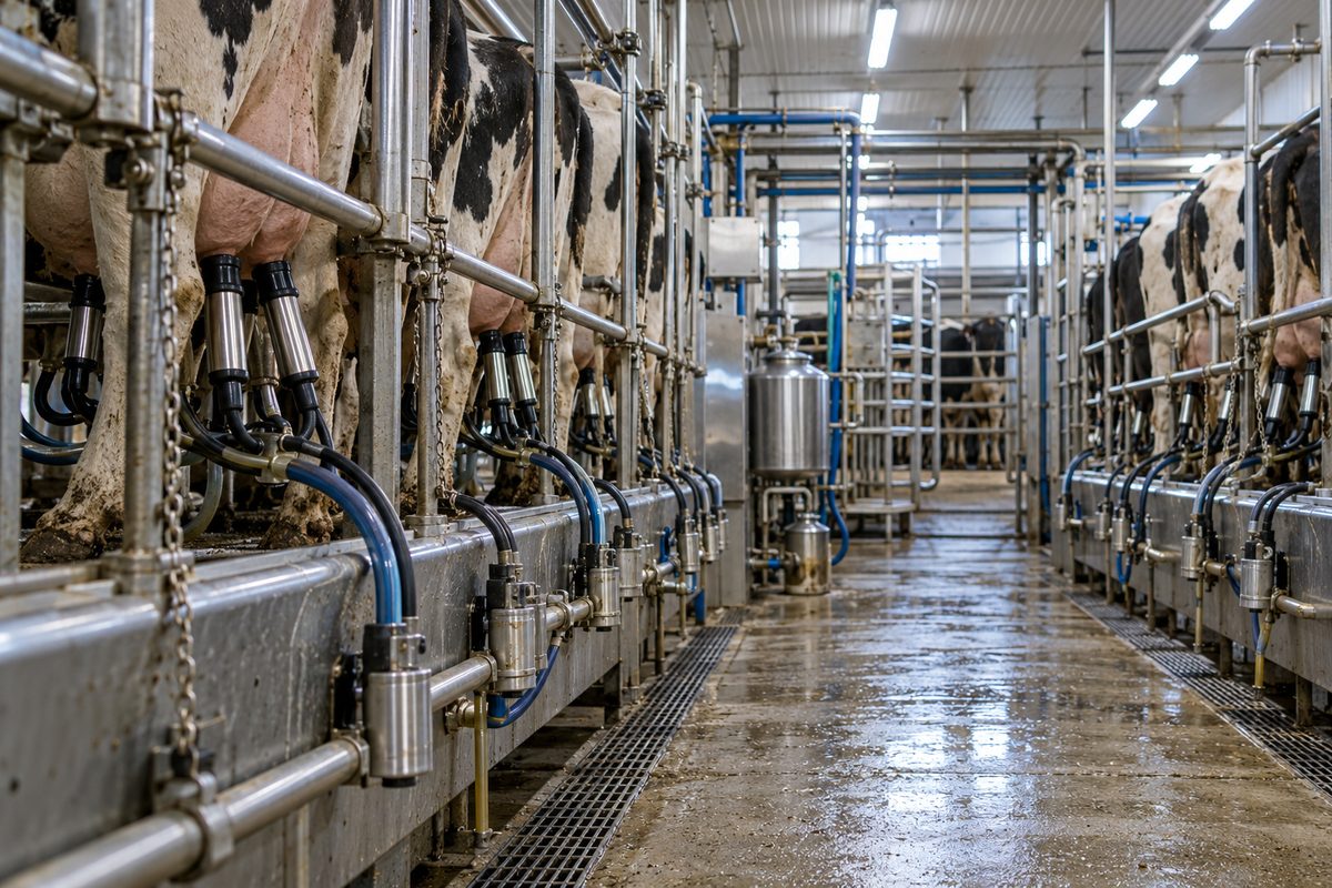 Parallel commercial milking parlor with stainless steel wash lines and milking stalls.