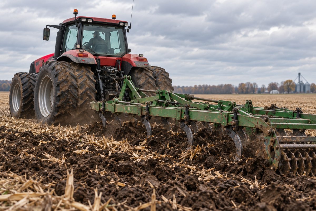 High-horsepower utility tractor operating a heavy chisel plow preparing seedbed soil in DeMotte Indiana.